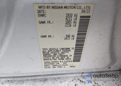 2015 Nissan Altima 2.5/2.5 S/2.5 Sl/2.5 Sv из США, поврежденный, VIN 1N4AL3AP9FC415999